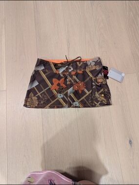 Ezekiel Brown Mini Board Skirt with Orange Floral Print Y2K Deadstock